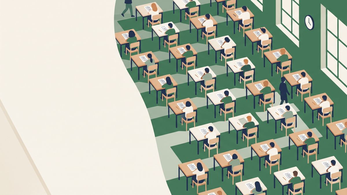 Exam hall with students taking a test