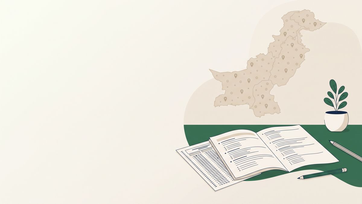 Test booklet and answer sheet with a map of Pakistan
