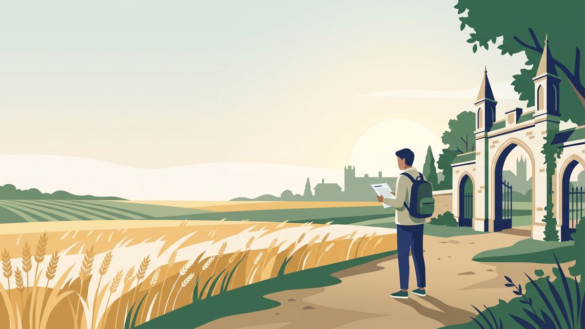Student with admission form between a wheat field and a university gate