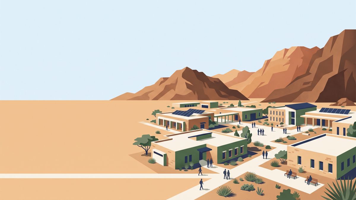 Illustration of BUITEMS Quetta campus among Balochistan mountains
