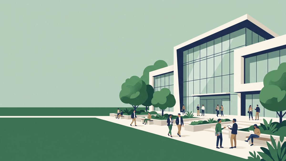 Illustration of IBA Karachi modern business school building