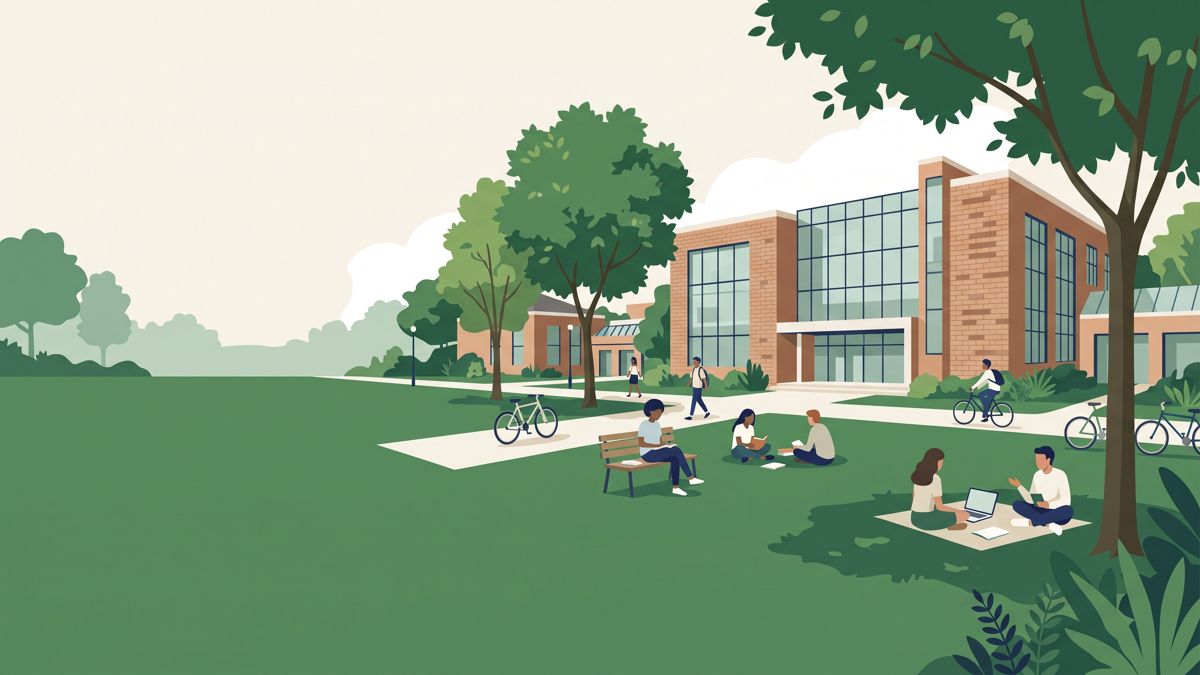 Illustration of the LUMS campus lawn and library, Lahore