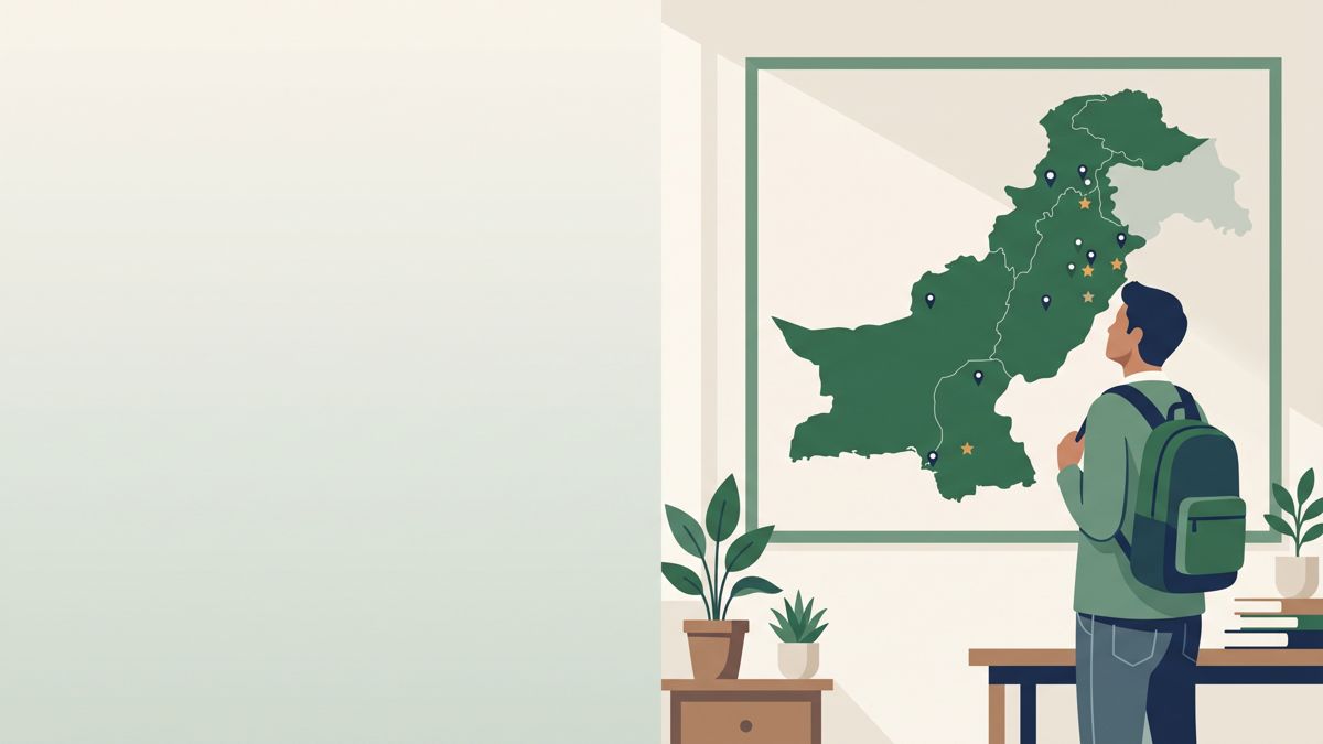 Student looking at a map of Pakistan marked with university locations