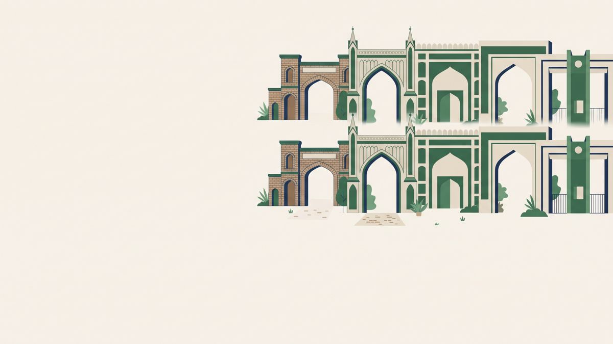 Row of stylised university gates from across Pakistan