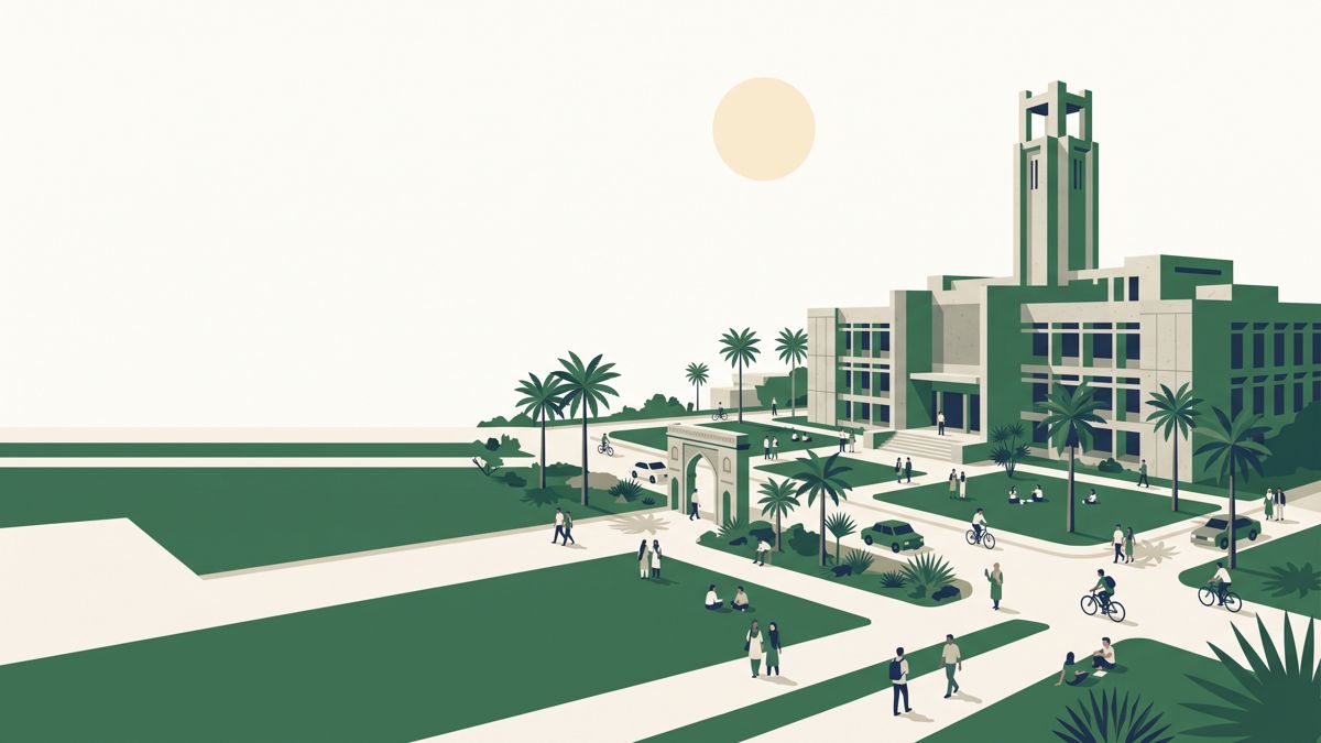 Illustration of University of Karachi campus with palm trees