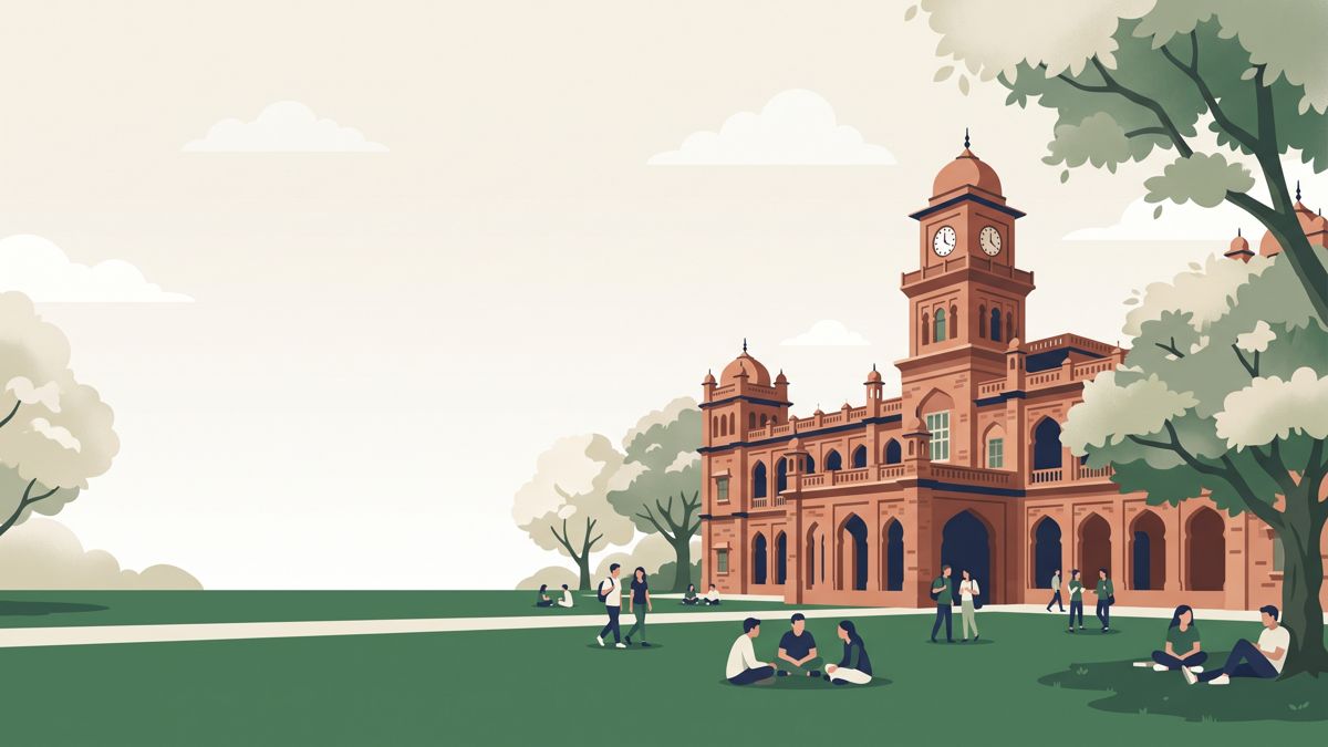 Illustration of University of the Punjab historic red-brick building, Lahore